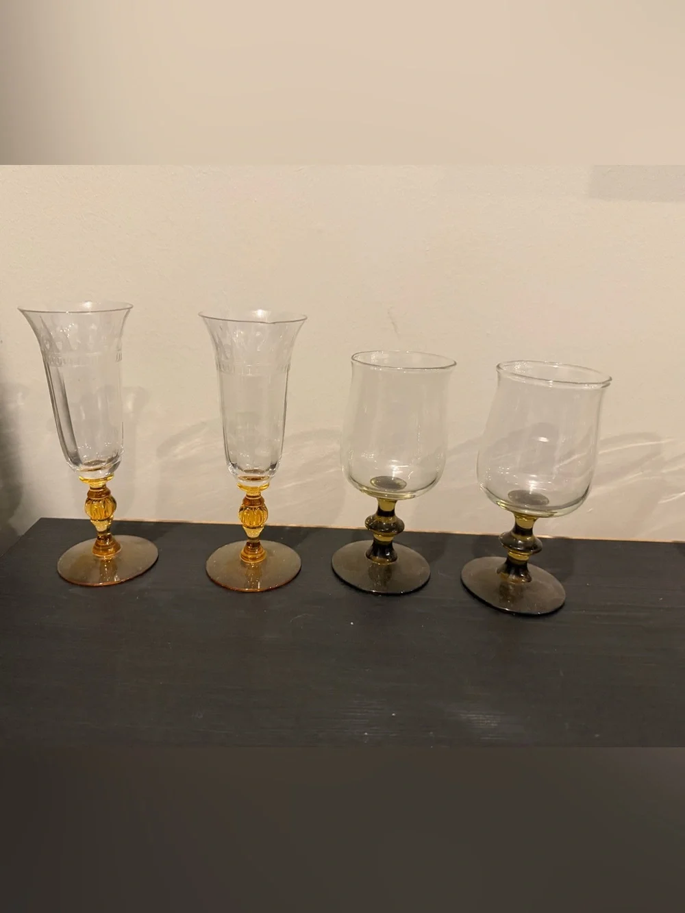 Set of Decorative Stemmed Glasses in Amber and Smoke